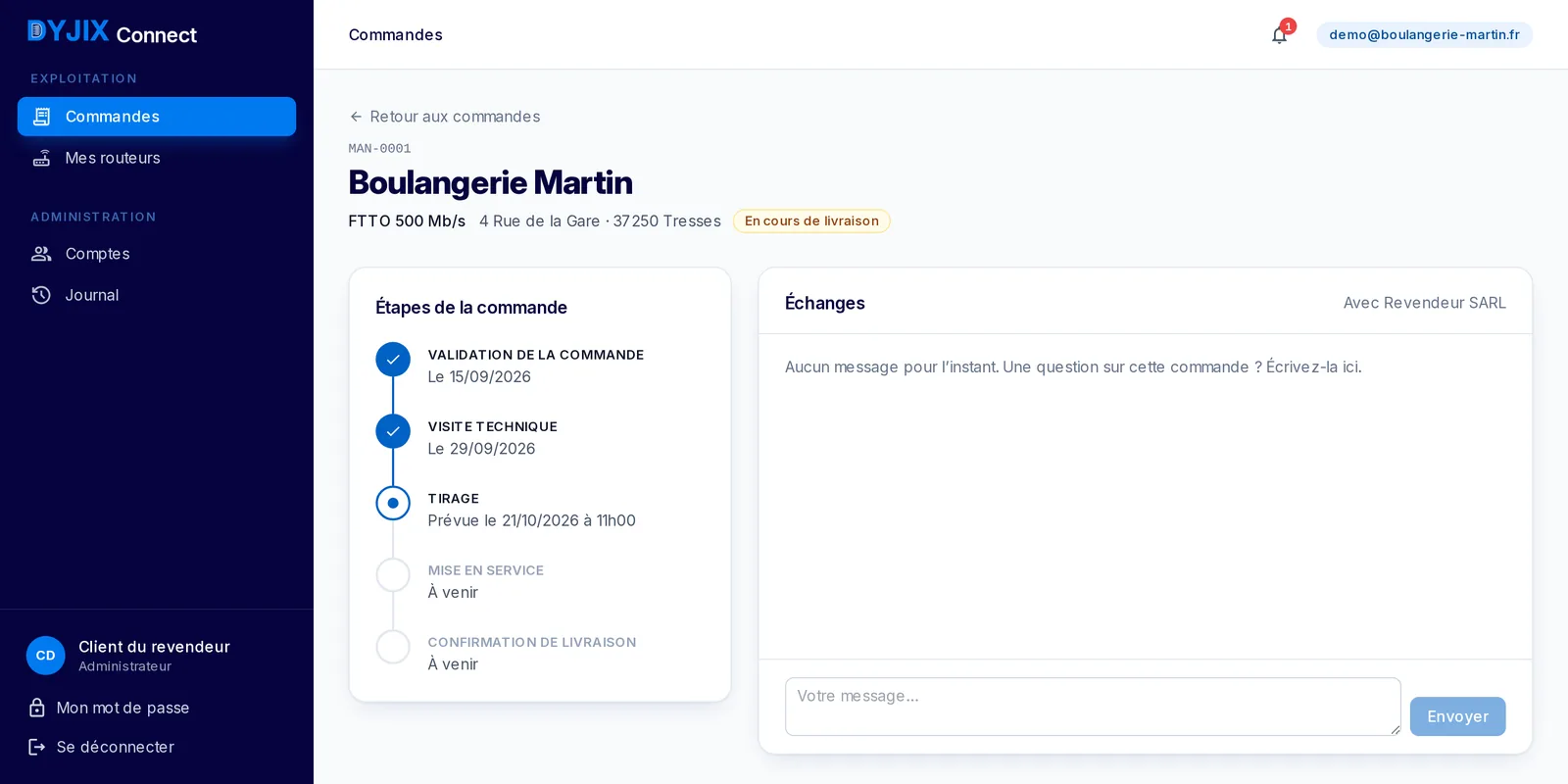 Step-by-step tracking of a fibre order in Dyjix Connect