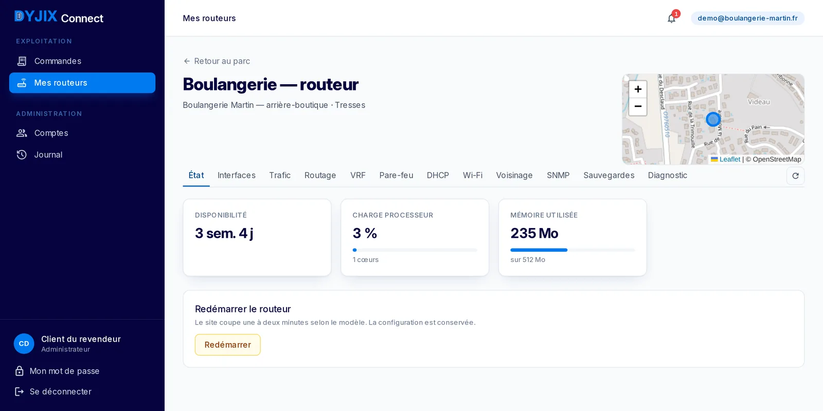 A router page in Dyjix Connect: uptime, CPU load and memory